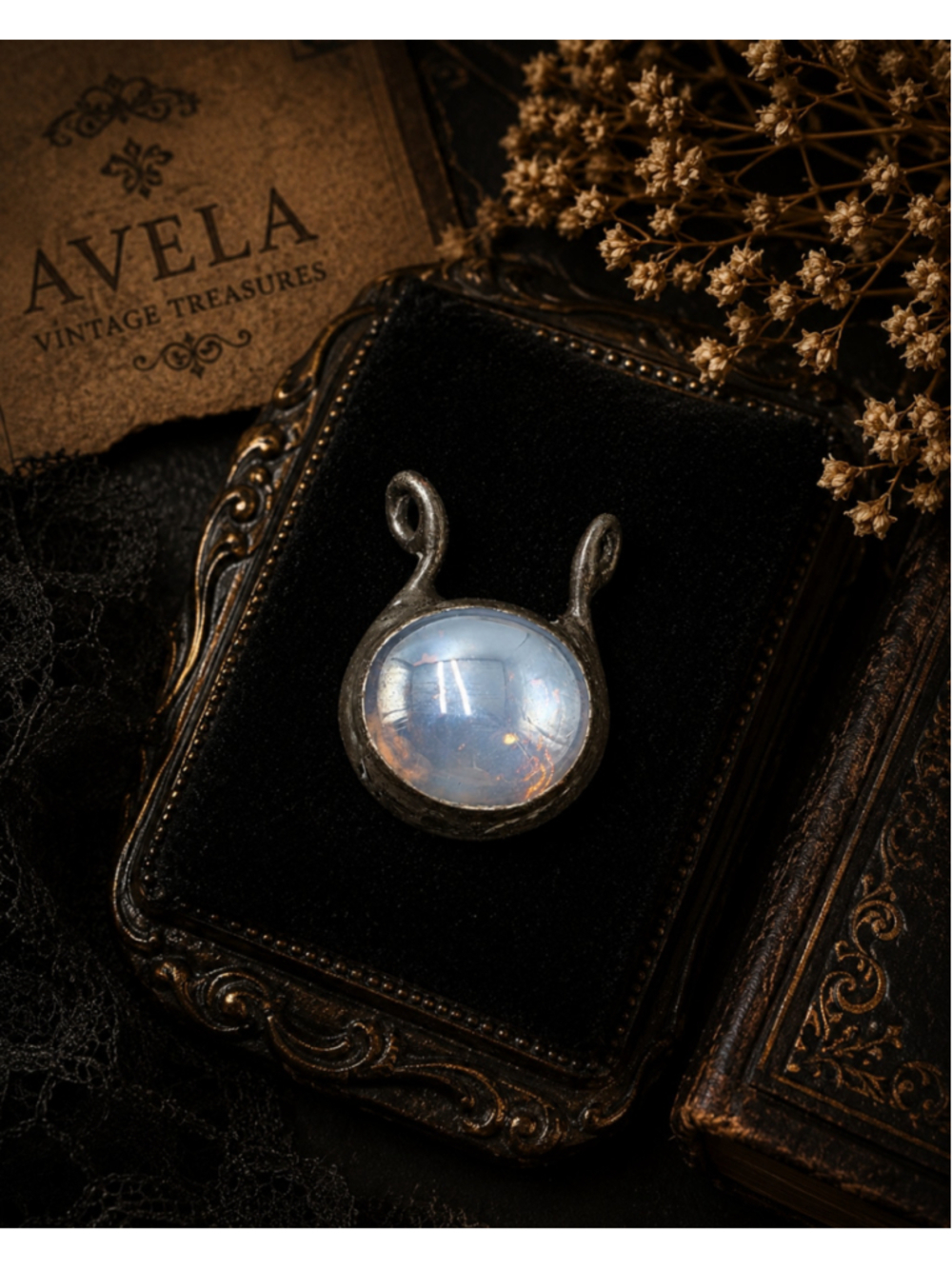 Vintage Artisan Pewter Tone Moonstone Look Cabochon Pendant Handmade